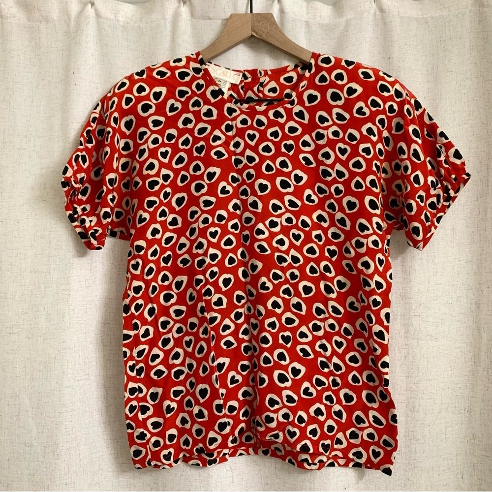 ESCADA 100% Silk Vintage 80’s Heart Print Top Shoulder Pads